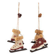 Christbaumdekor Schlittschuhe Holz weinrot / wei 9cm, 2 Stk.