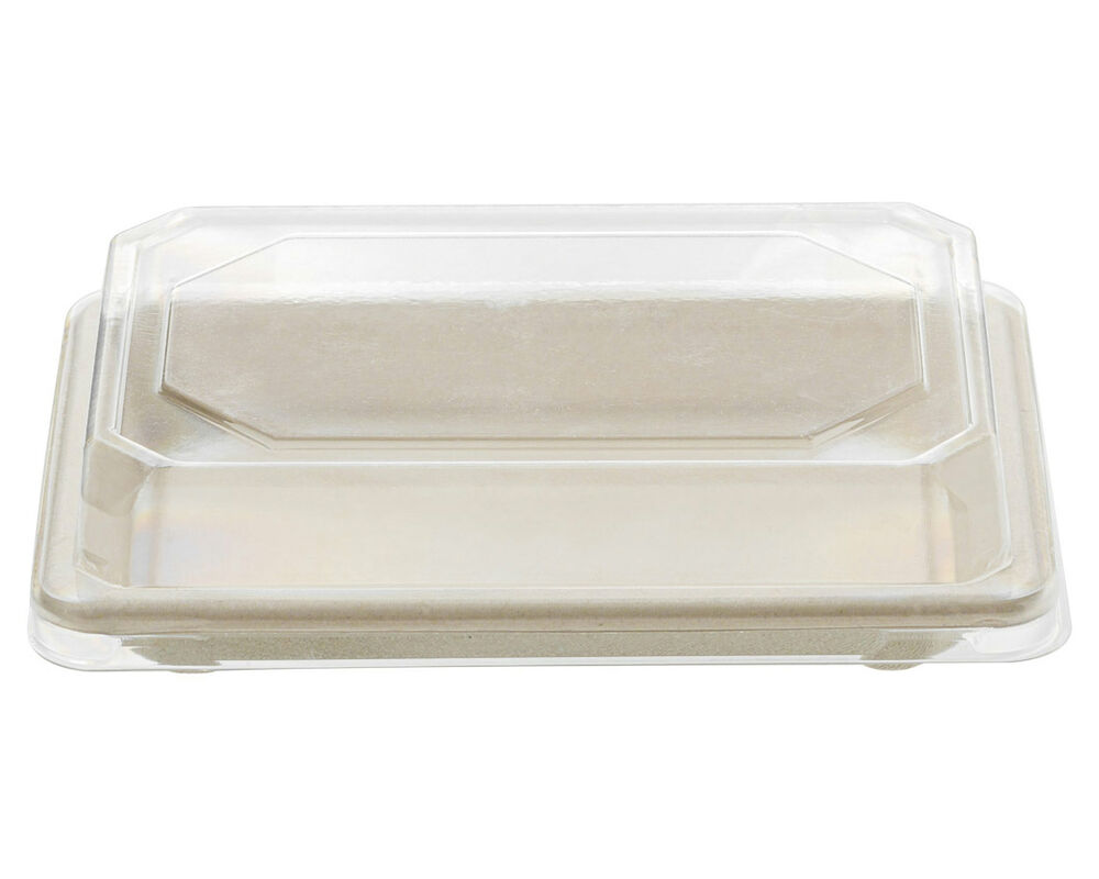 Sushi Tray aus Zuckerrohr mit klarem PET-Deckel 16,5 x 11,5 x 2,1 cm, 50 Stk.