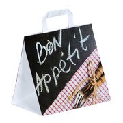 Papiertragetaschen aus Kraftpapier Motiv Bon Appetit mit Flachhenkeln 260+170x250mm 80g wei, 250 Stk.