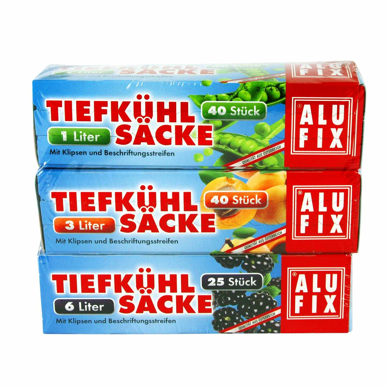 ALUFIX Tiefkhlscke Gefrierbeutel Mix mit Verschlussclips 1 L 3 L 6 L, 105 Stk.