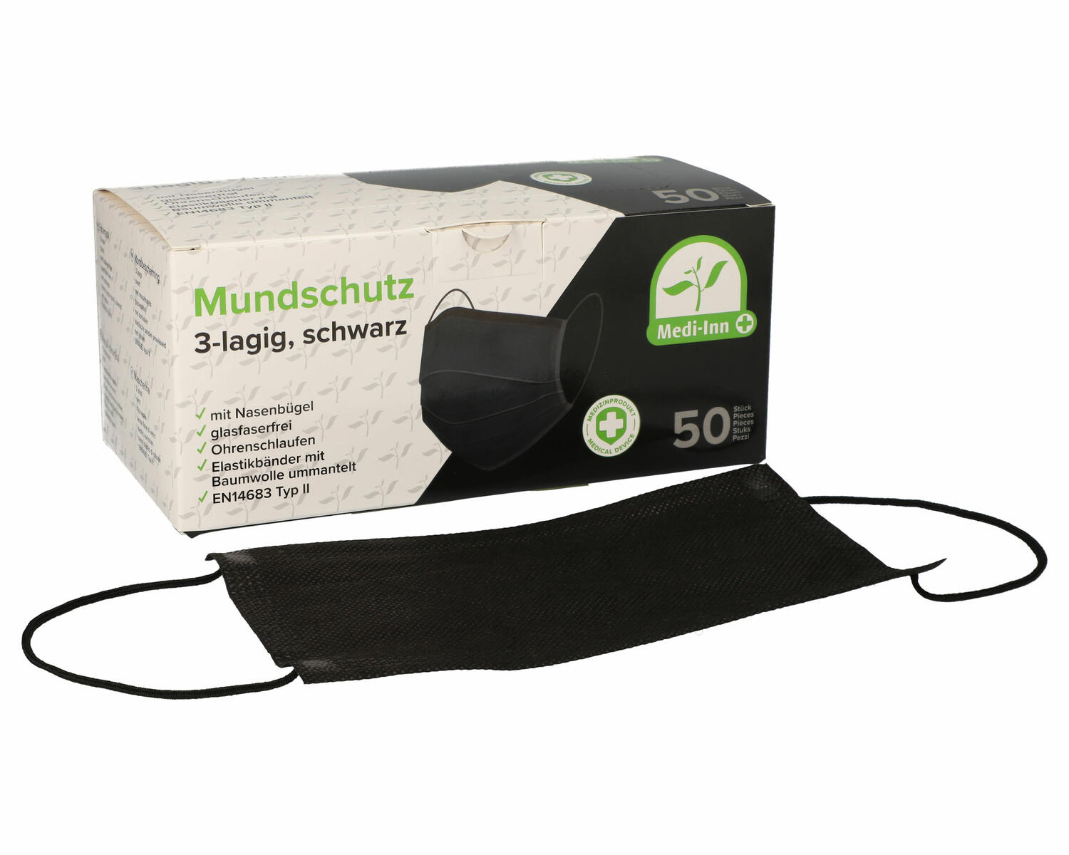 Mundschutzmasken OP- medizinische Gesichtsmasken 3-lagig EN14683 schwarz 50 Stk.