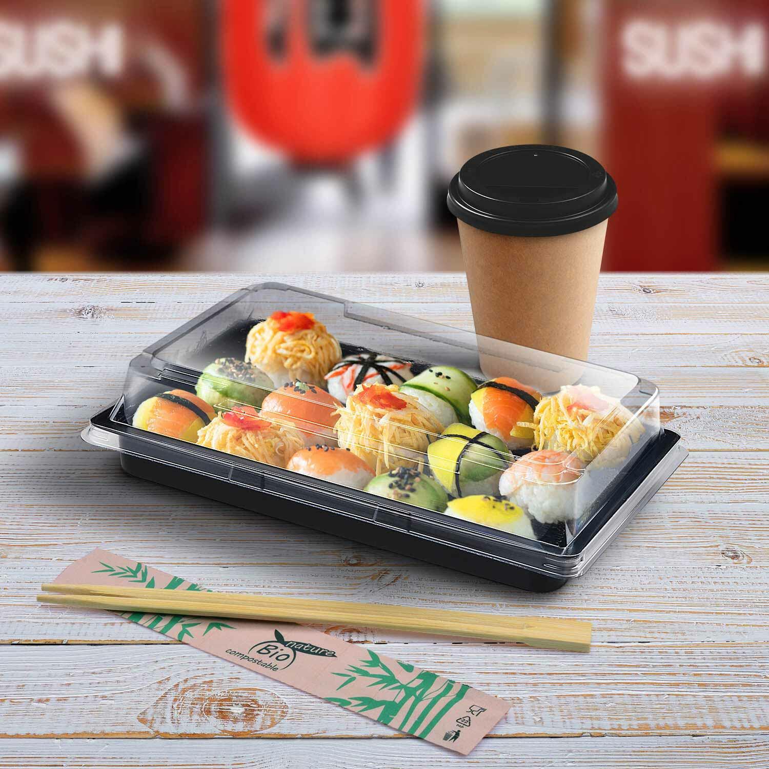 Sushi Schalen schwarz Set mit Deckel transparent PET 262 x 195 x 43 mm, 200 Stk.